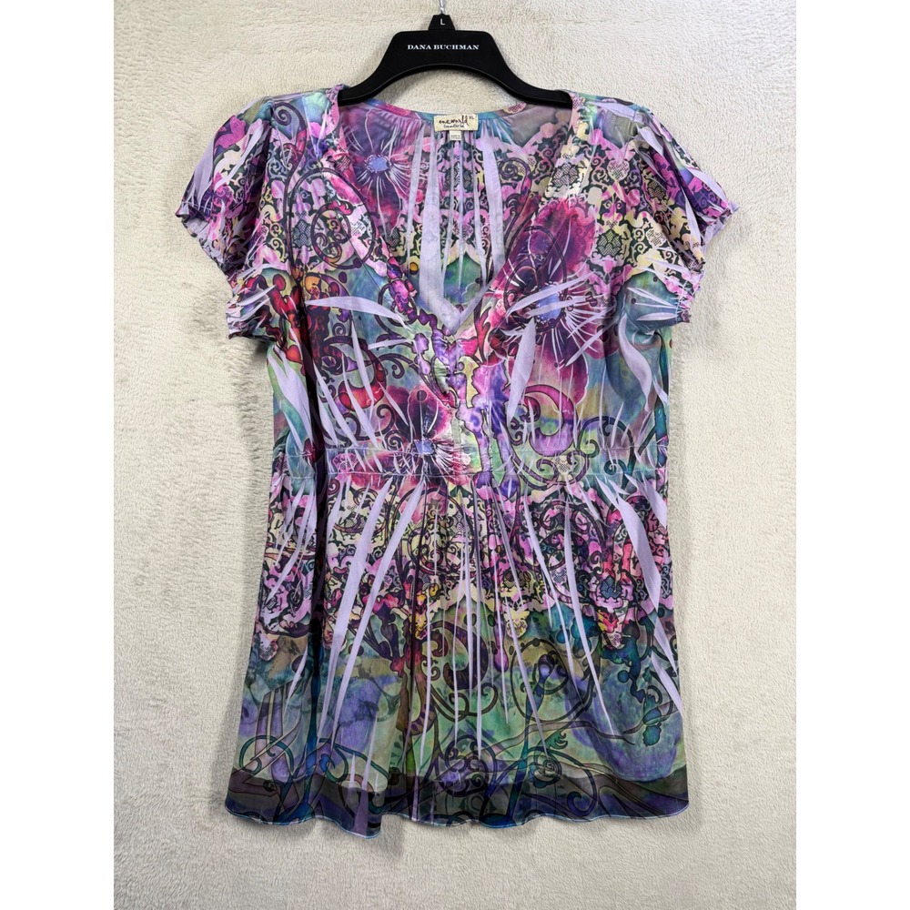 One World Flutter Sleeve Blouse Womens XL Purple Whimsical Fairy Mesh‎ Top